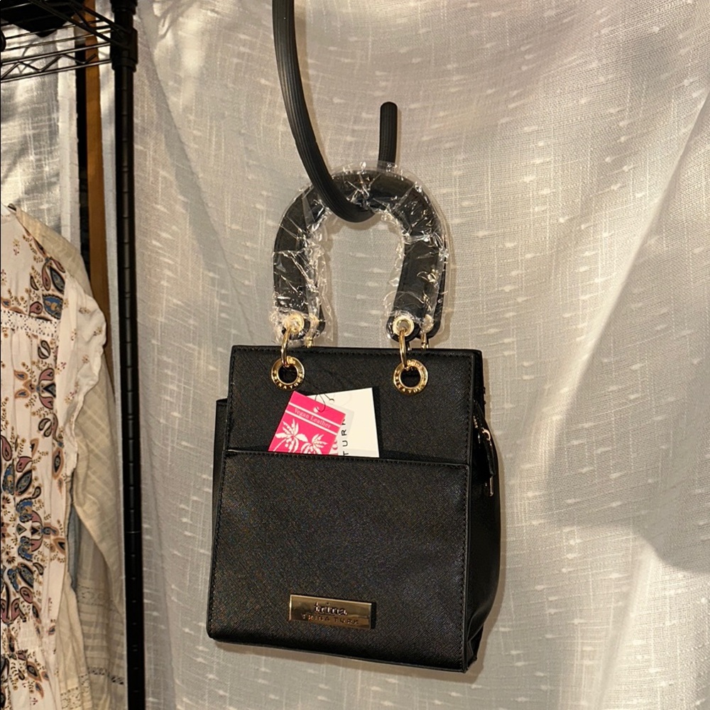 Trina Turk Black and Gold Structured Shoulder Bag with Metallic Handle